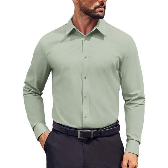 Coofandy Men Light Green Long Sleeve Formal Fit Business Button Down Shirts - Picture 1 of 7